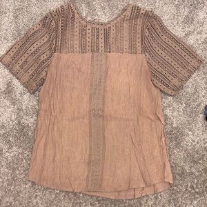 Women's Lace Yoke Short Sleeve Top - Brown